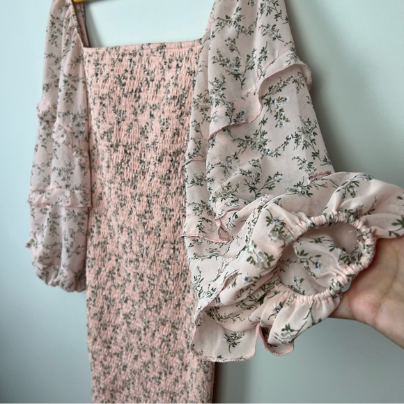 Two Sisters Label Midi Dress Shirred Stretch Bodycon Pink Floral Cocktail Size 8 - Picture 9 of 13